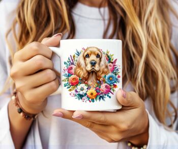 Personalised Cocker Spaniel Summer Floral Dog Wreath Cushion And Mug Gift Bundle B, 2 of 5