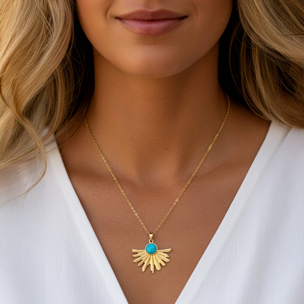 Women's Turquoise Sunburst Pendant Necklace In 18k Gold, 1 of 4