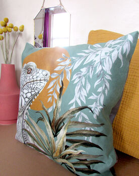 Sage Green Cushion With Reptile Illustration 'Bask', 3 of 6