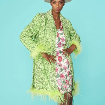 Lime Green Sequin And Feather Belted Coat, 2 of 5