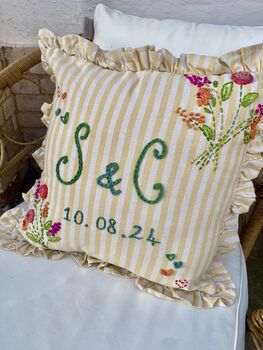 Hand Embroidered Personalised Cushion Lemon Stripe Ruffle Trim, 3 of 7