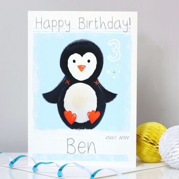 Personalised Penguin Blue Birthday Card, 3 of 6