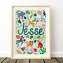 Personalised Sea Blue Safari Animal Name Print | Hand Painted Jungle Nursery Wall Art | Safari Baby Gift, thumbnail 1 of 9