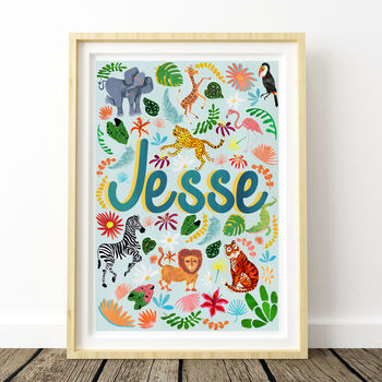 Personalised Blue Safari Animal Name Print | Jungle Nursery Wall Art | Baby Keepsake Gift, 2 of 10