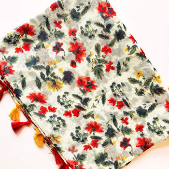 Vintage Red Yellow Dainty Flower Motifs Scarf, 5 of 9