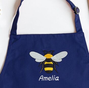 Personalised Embroidered Bee Apron In Navy Blue, 3 of 5