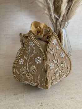 Gold Handcrafted Raw Silk Potli Bag/Wrist Bag, 7 of 8