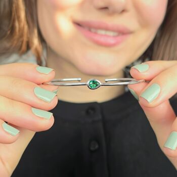 Minimalist Emerald May Birthstone Silver Bangle, 2 of 5