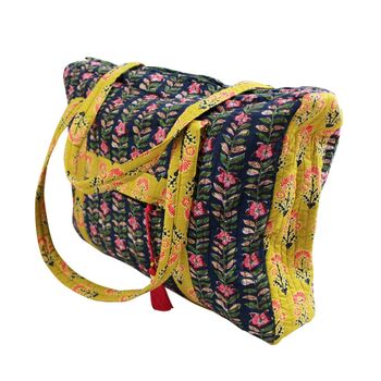 Block Printed Navy Blue, Mustard And Pink Lily Quilted Bag, 7 of 7