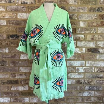 Organic Short Cotton Kimono: Bright Green Eye, 3 of 3