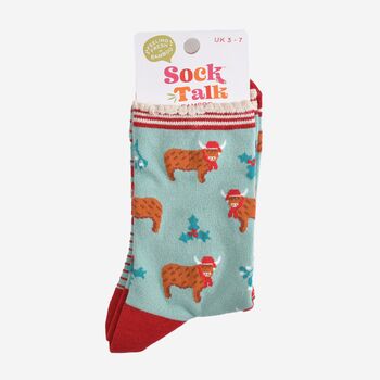 Women's Bamboo Socks Christmas Highland Cow Santa Hats, 5 of 5