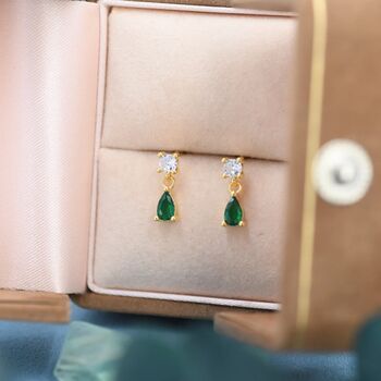 Emerald Green Cz Dangle Round Droplet Stud Earrings, 4 of 11
