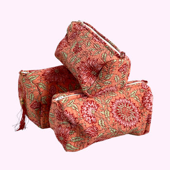 Pink And Orange Sunflower Block Print Cotton Washbag, Make Up Bag, 2 of 5