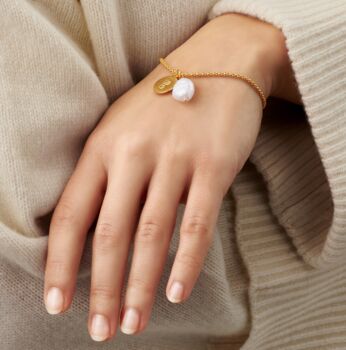 Gold Initial Disc Bracelet With Freshwater Pearl, 2 of 9