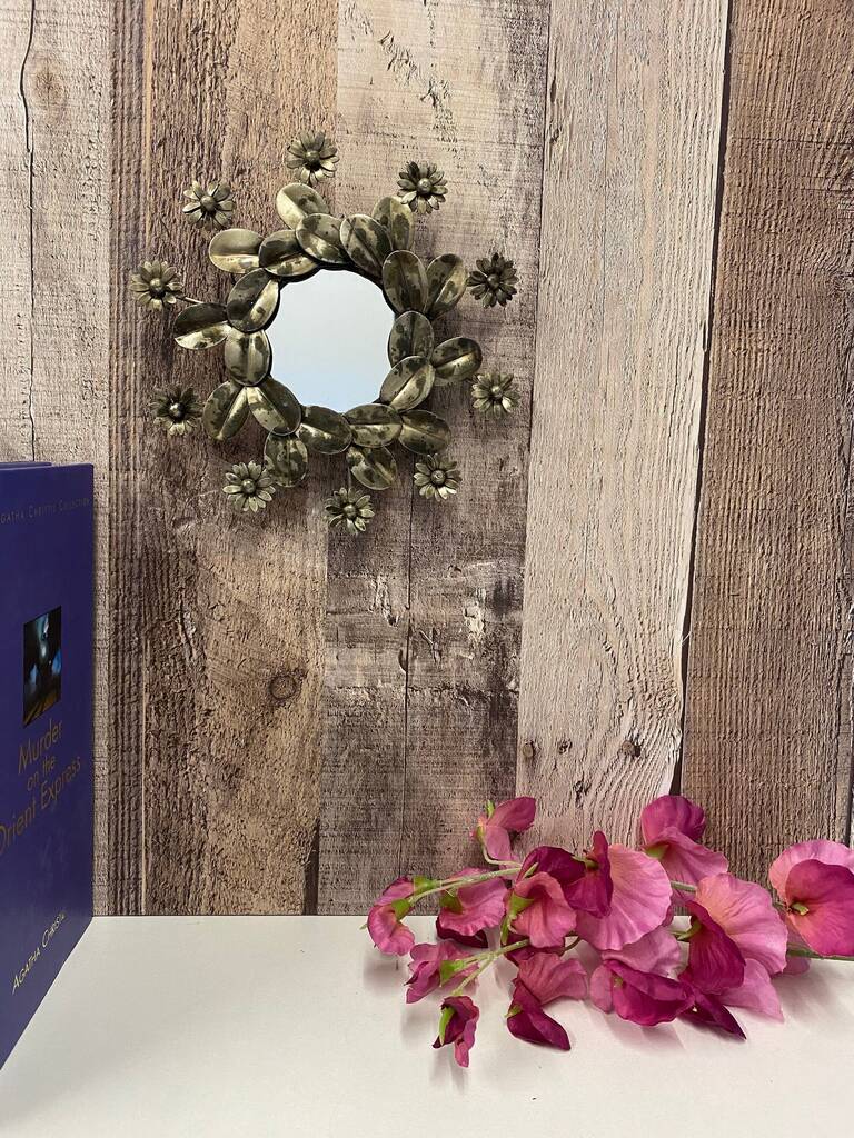 15cm Round Decorative Mirror Gold Metal Flower Design, 1 of 6