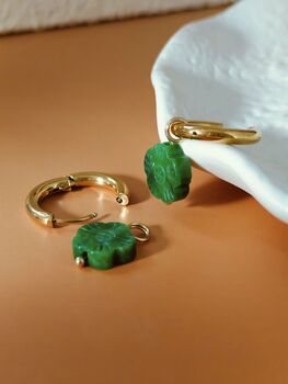 Botan Flower Natural Green Jade Huggie Hoop Earrings, 8 of 10
