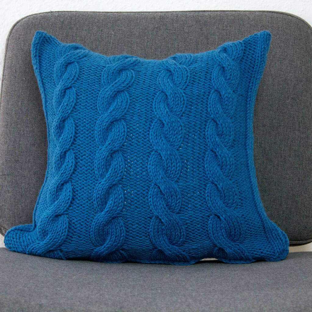 Hand Knit Chunky Cable Stitch Cushion In Teal, 1 of 6