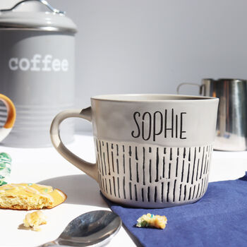 Personalised Grey And Black Dashed Stoneware Mug With Blue Rim, 7 of 7