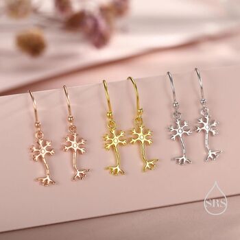 Sterling Silver Tiny Neuron Cell Drop Hook Earrings, 6 of 11