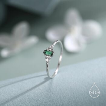 Sterling Silver Vintage Inspired Tiny Emerald Green Cz Ring, 3 of 12