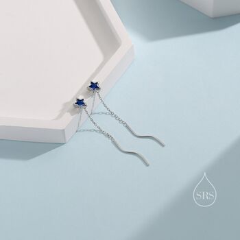 Sapphire Blue Star Bezel Cz Crystal Threader Earrings, 4 of 9