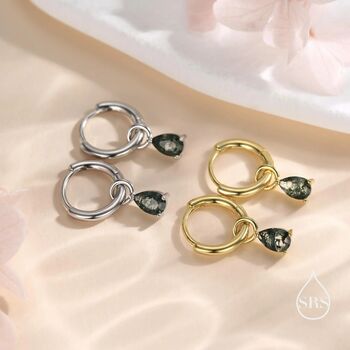 Sterling Silver Moss Agate Droplet Huggie Hoop Earrings, 7 of 11