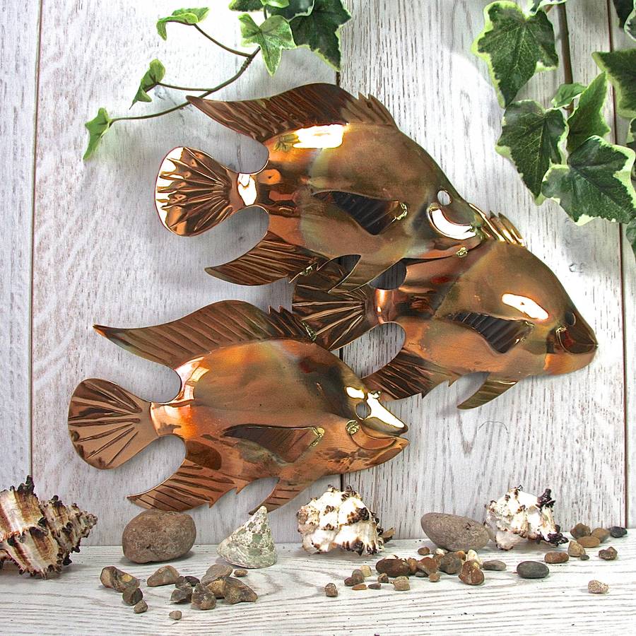 copper fish trio garden wall art sculpture by london ...