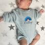 Personalised Embroidered Blue Rainbow Sweatshirt Romper, thumbnail 2 of 2