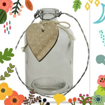 Glass Bottle Vase With Wooden Heart And Wire Handle, 3 of 5