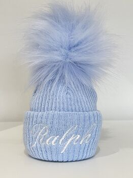 Embroidered Blue Single Pom Pom Knitted Baby Hat, 4 of 6