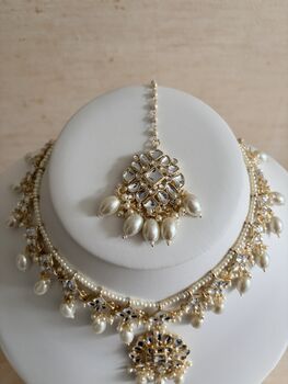 White Gold Kundan Pearl Set Necklace, Earrings And Tikka, 12 of 12