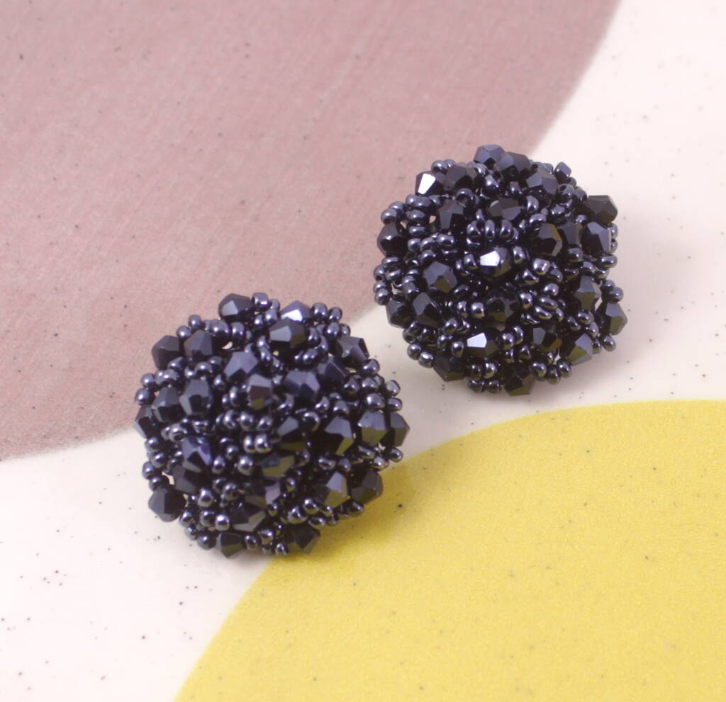 Navy Statement Beaded Crystal Circle Earrings By Lucy Loves Neko