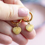 Gold Plated Sunburst Heart Huggie Hoop Earrings, thumbnail 3 of 6