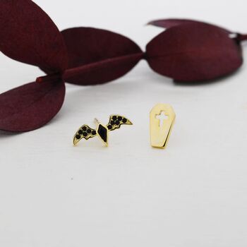 Mismatched Coffin And Bat Stud Earrings In Sterling Silver, 7 of 12