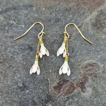 Snowdrop White Flower Drop Hook Earrings, Gold Tone, 4 of 4