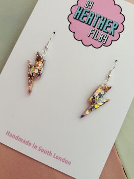 Small Iridescent Glitter Lightning Bolt Earrings / Cosmic Sparkle Jewellery Small Flash Dangles / Small Holographic Earrings Power Gift, 4 of 5