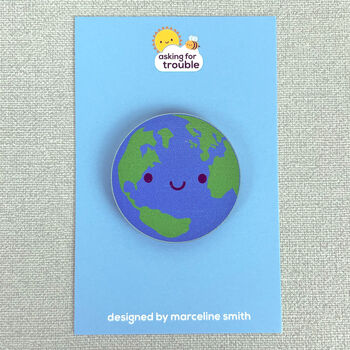 Happy Planet Earth Kawaii Wooden Pin Or Brooch, 3 of 6