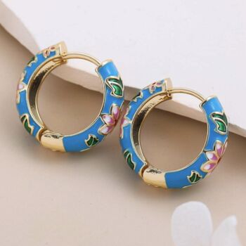 Blue Painted Cloisonné Flower Hoop Earrings, 3 of 3