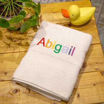 Children's Rainbow Text Personalised Bath Towel, 7 of 7