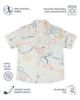 Voyager Trails Printed Cotton Shirt With Cuban Collar And Embroidery, Off White, 2 of 7