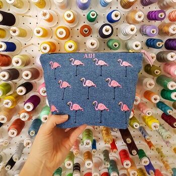 Embroidered Flamingo Cotton Make Up Bag, 5 of 11
