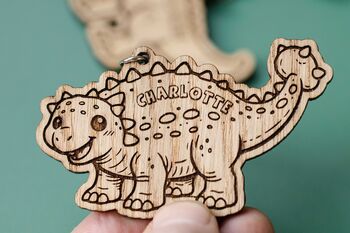 Personalised Wooden Dinosaur Keyrings For Kids’ Party Bags, 2 of 11