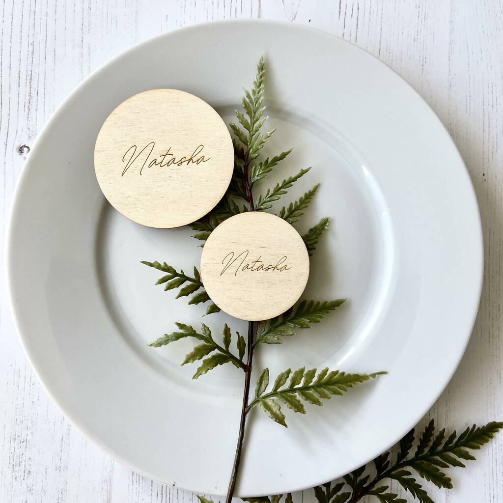 Round Wooden Wedding Favour Place Name Settings, 1 of 9
