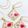 Real Flowers Diamond Square Drop Earrings Real Gold Plated Hypoallergenic, thumbnail 3 of 9