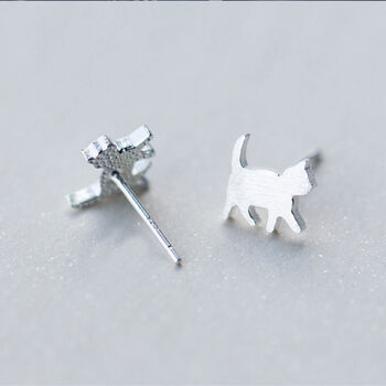 Brushed Sterling Silver Cat Silhouette Stud Earrings, 3 of 6