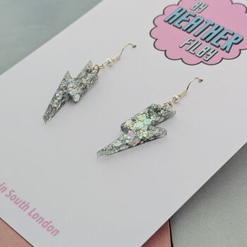 Silver Glitter Lightning Bolt Earrings Small And Large, 8 of 10
