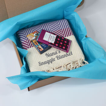 Personalised Gift Set For Nanny, Handwoven Throw, Chocolate And Coffee, 6 of 12