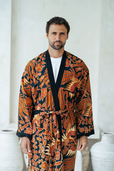 Red And Black Men's Full Length Batik Kimono Robe, 5 of 6