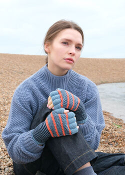 Blue Tuck Stitch Fingerless Lambswool Gloves, 3 of 4