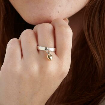 Sweetheart Silver And Recycled Gold Heart Charm Ring, 7 of 9